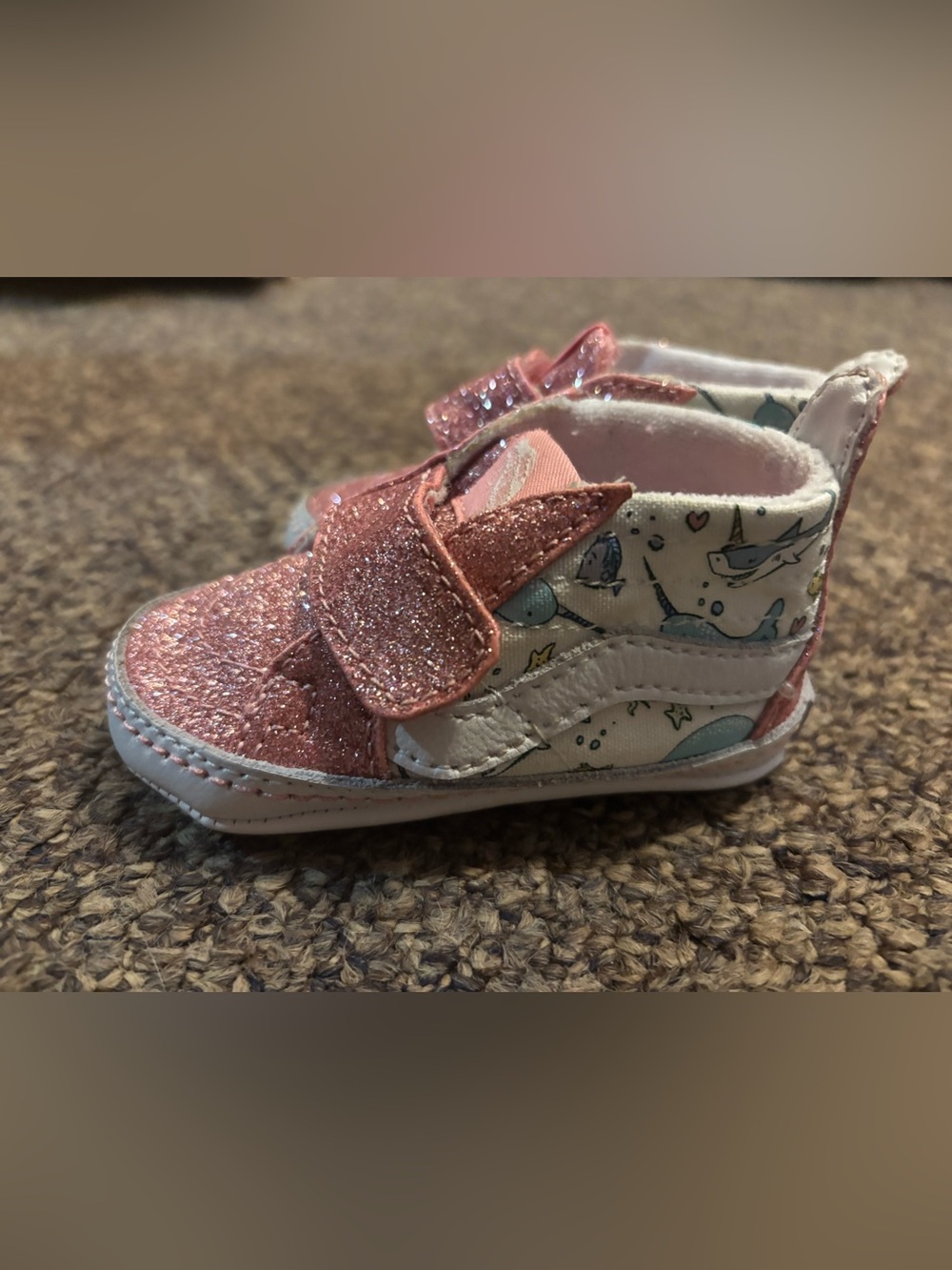 Vans Kids Glitter Pink Velcro Sneakers with Mermaid Print